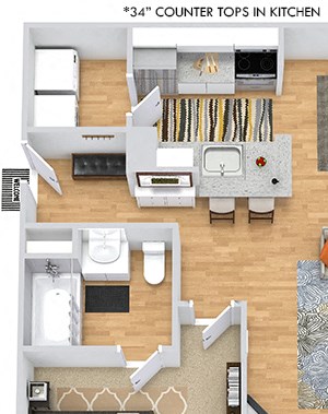 Avery 3D. 1 bedroom apartment. Kitchen with bartop open to living/dinning rooms. Fire place. 1 full bathroom. Walk-in closet. Patio/balcony.